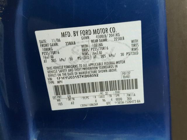 1FMYU03157KB68092 - 2007 FORD ESCAPE XLT BLUE photo 10