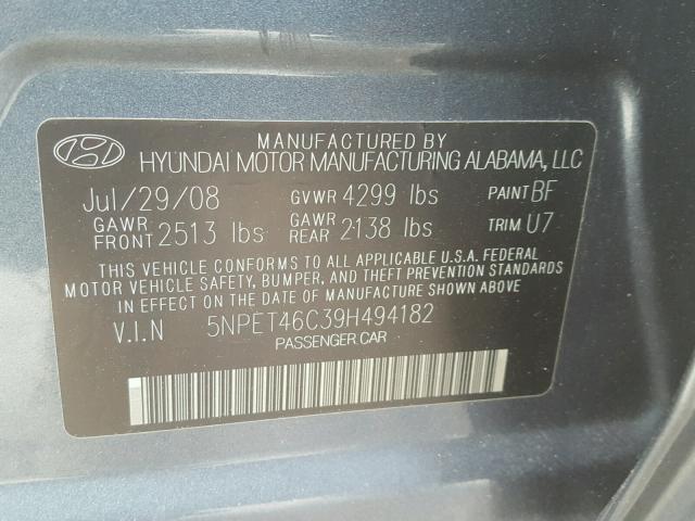 5NPET46C39H494182 - 2009 HYUNDAI SONATA GLS BLUE photo 10