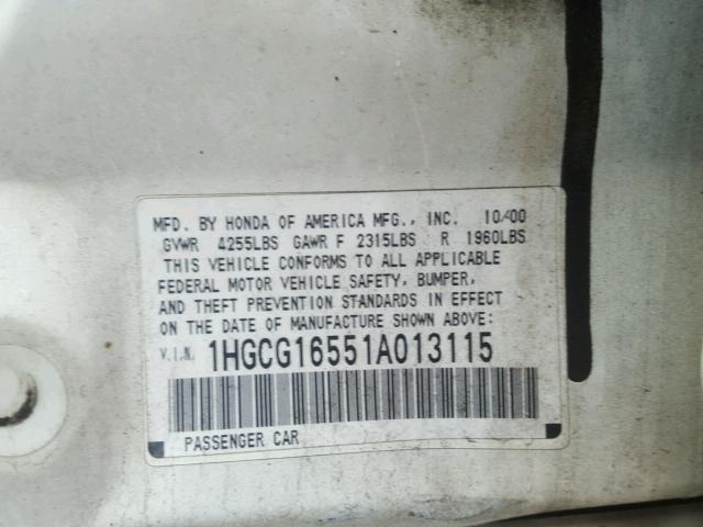 1HGCG16551A013115 - 2001 HONDA ACCORD EX WHITE photo 10