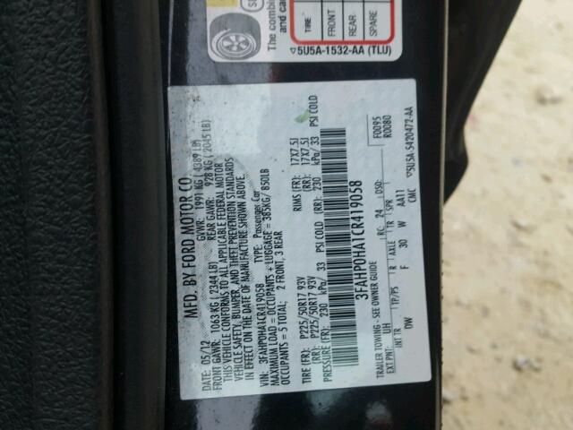 3FAHP0HA1CR419058 - 2012 FORD FUSION SE BLACK photo 10