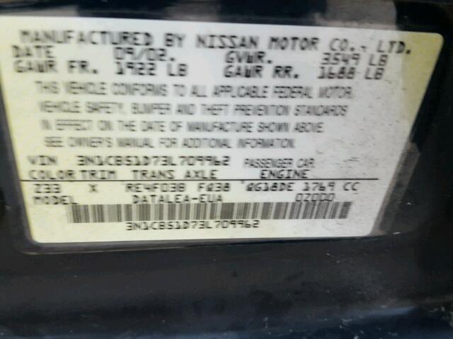 3N1CB51D73L709962 - 2003 NISSAN SENTRA XE BLUE photo 10