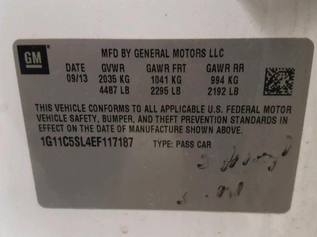 1G11C5SL4EF117187 - 2014 CHEVROLET MALIBU 1LT WHITE photo 10