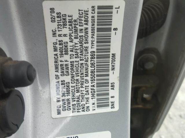 1HGFA16508L067869 - 2008 HONDA CIVIC LX SILVER photo 10