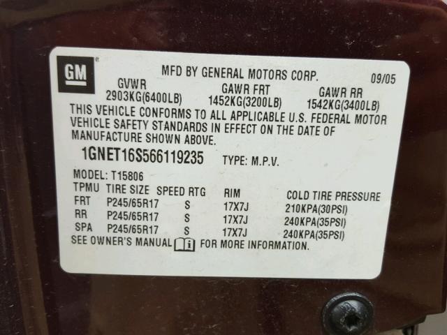 1GNET16S566119235 - 2006 CHEVROLET TRAILBLAZE MAROON photo 10