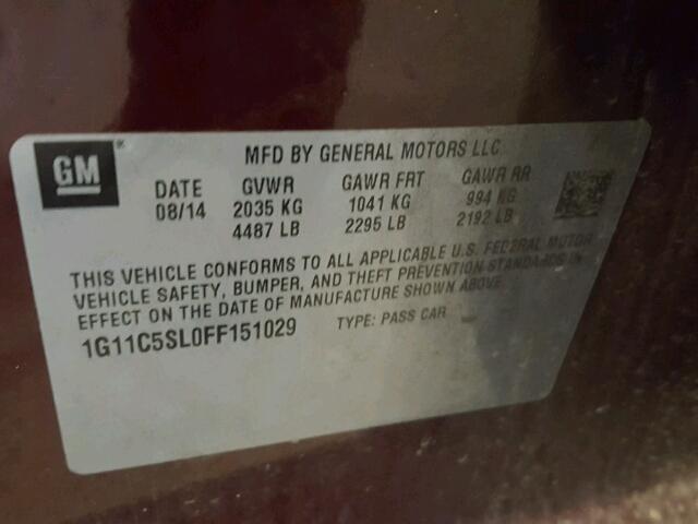 1G11C5SL0FF151029 - 2015 CHEVROLET MALIBU 1LT 栗色 照片 10