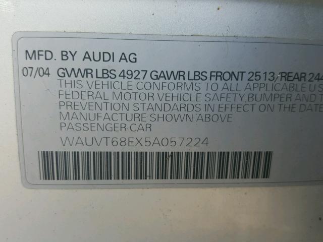 WAUVT68EX5A057224 - 2005 AUDI A4 3.0 AVA SILVER photo 10