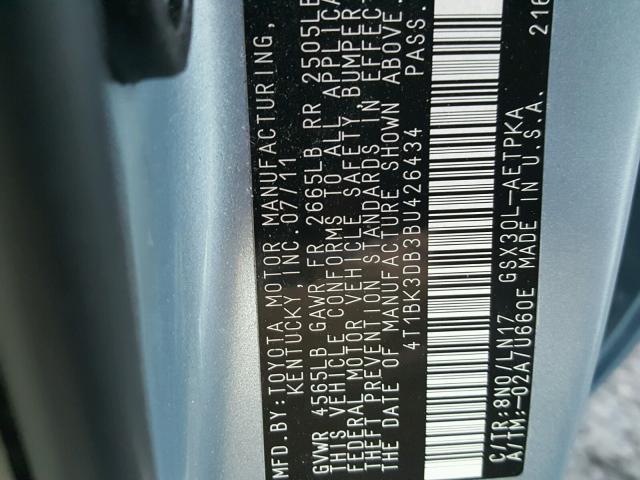 4T1BK3DB3BU426434 - 2011 TOYOTA AVALON BAS 蓝色 照片 10