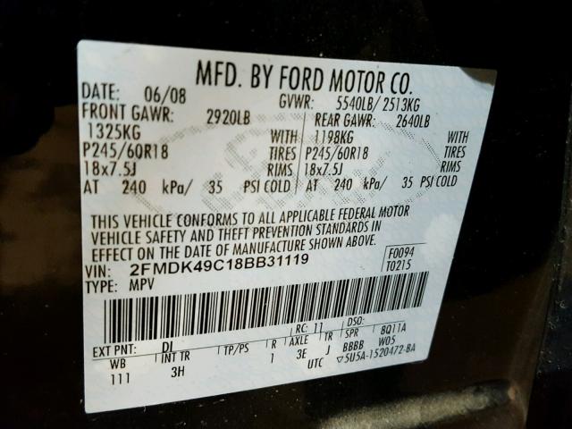 2FMDK49C18BB31119 - 2008 FORD EDGE BLUE photo 10