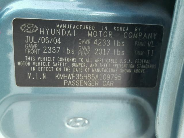 KMHWF35H85A109795 - 2005 HYUNDAI SONATA GLS TEAL photo 10