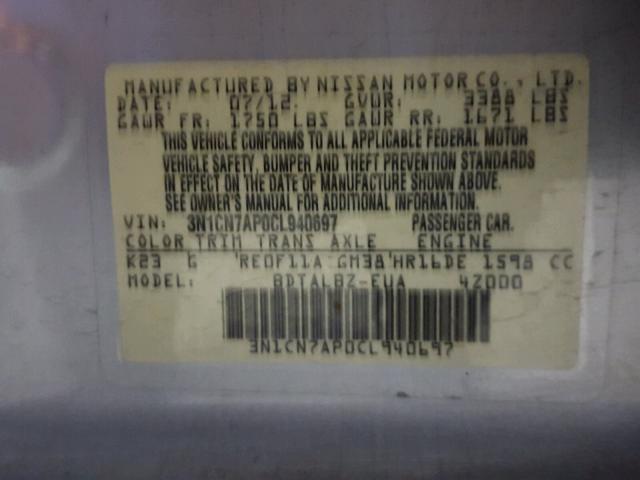 3N1CN7AP0CL940697 - 2012 NISSAN VERSA S SILVER photo 10