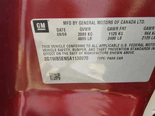 2G1WB5EN5A1138976 - 2010 CHEVROLET IMPALA LT RED photo 10