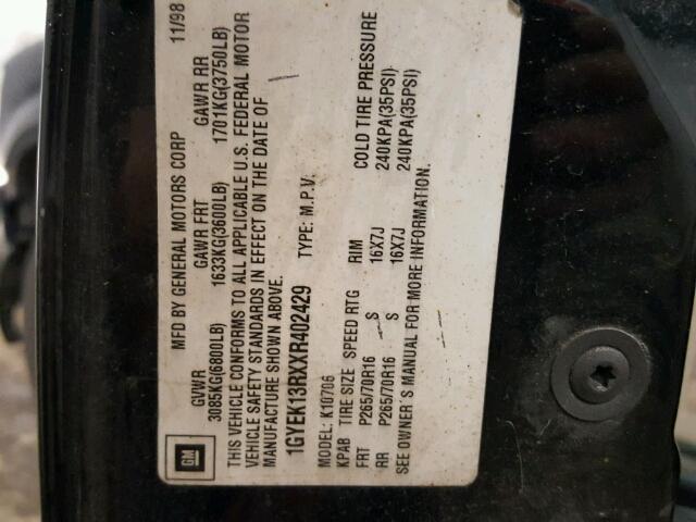 1GYEK13RXXR402429 - 1999 CADILLAC ESCALADE BLACK photo 10