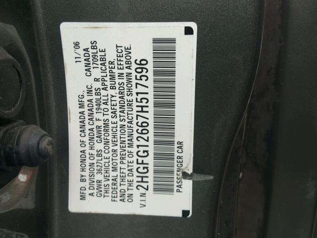 2HGFG12667H517596 - 2007 HONDA CIVIC LX GRAY photo 10