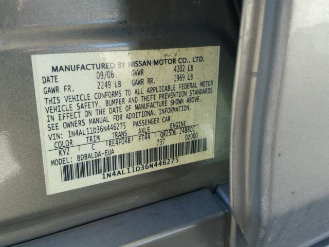 1N4AL11D36N446275 - 2006 NISSAN ALTIMA S BEIGE photo 10