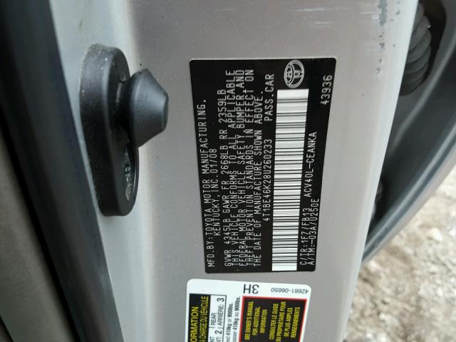 4T1BE46K28U260233 - 2008 TOYOTA CAMRY CE SILVER photo 10