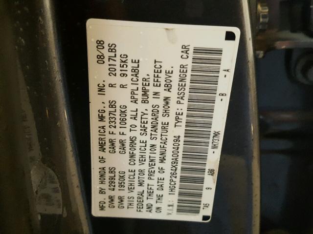 1HGCP264X9A004094 - 2009 HONDA ACCORD LXP GRAY photo 10