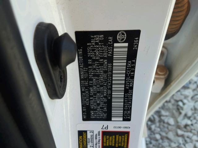4T1BF1FK3CU191086 - 2012 TOYOTA CAMRY BASE WHITE photo 10