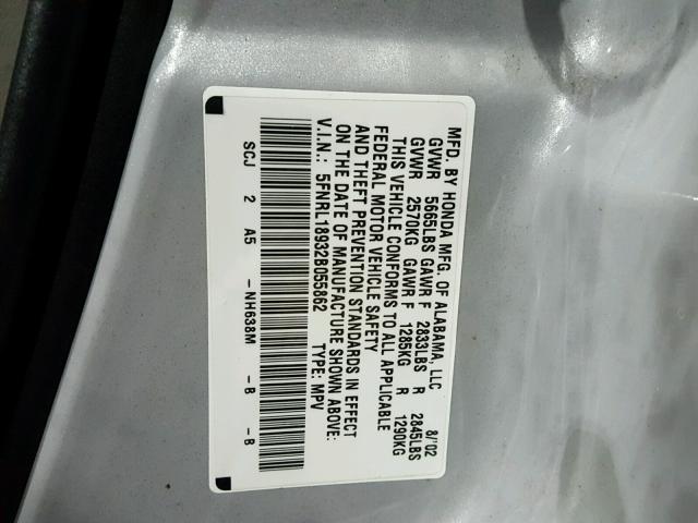 5FNRL18932B055862 - 2002 HONDA ODYSSEY EX SILVER photo 10