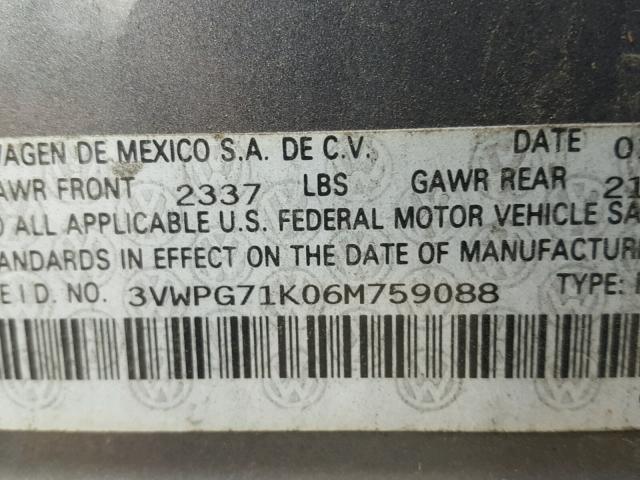 3VWPG71K06M759088 - 2006 VOLKSWAGEN JETTA VALU GRAY photo 10