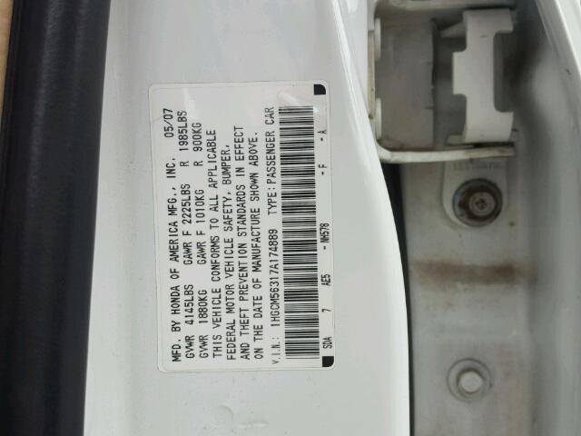 1HGCM56317A174889 - 2007 HONDA ACCORD SE WHITE photo 10