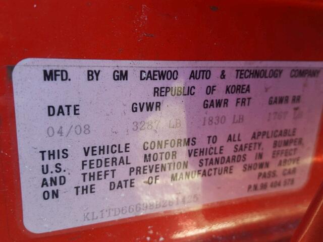 KL1TD66698B261425 - 2008 CHEVROLET AVEO BASE 红色 照片 10
