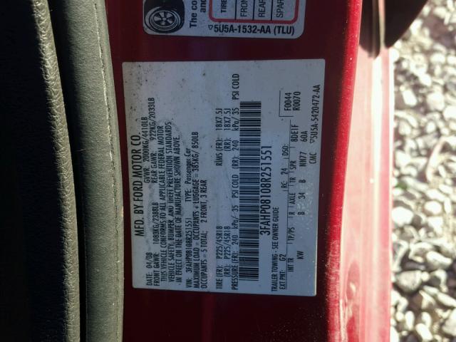 3FAHP08108R251551 - 2008 FORD FUSION SEL RED photo 10