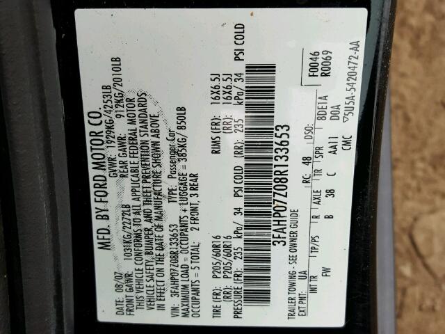 3FAHP07Z08R133653 - 2008 FORD FUSION SE BLACK photo 10