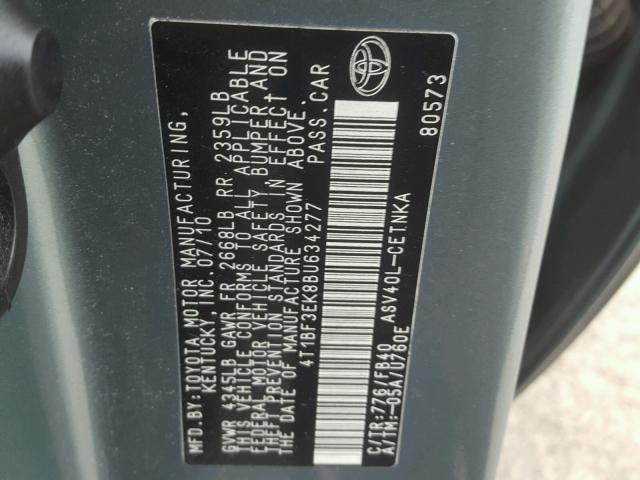 4T1BF3EK8BU634277 - 2011 TOYOTA CAMRY BASE GREEN photo 10