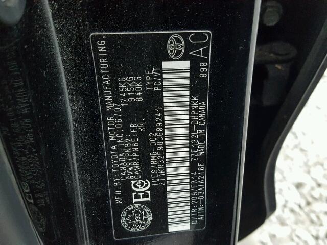 2T1KR32E98C689241 - 2008 TOYOTA COROLLA MA BLACK photo 10