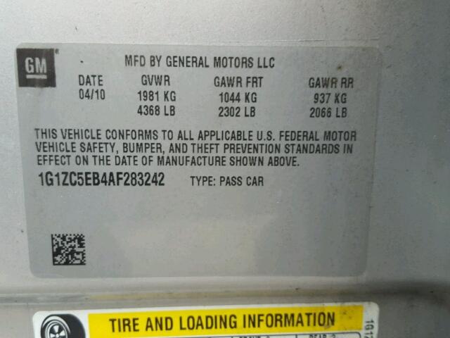 1G1ZC5EB4AF283242 - 2010 CHEVROLET MALIBU 1LT 银色 照片 10