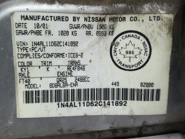 1N4AL11D62C141892 - 2002 NISSAN ALTIMA BAS SILVER photo 10