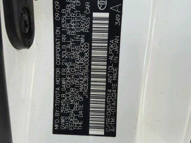 JTKDE3B78A0308302 - 2010 TOYOTA SCION TC 白色 照片 10