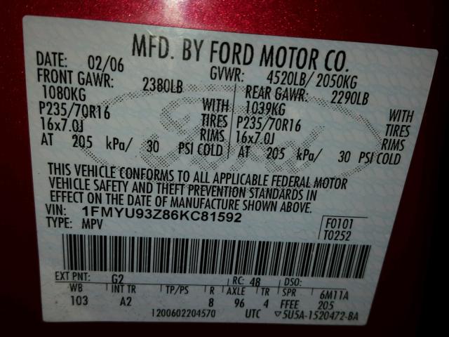 1FMYU93Z86KC81592 - 2006 FORD ESCAPE XLT MAROON photo 10