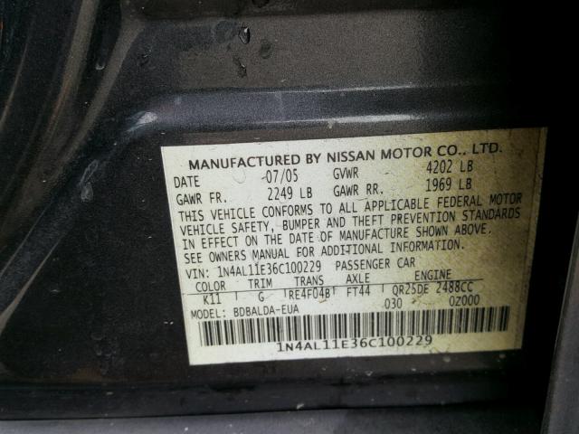 1N4AL11E36C100229 - 2006 NISSAN ALTIMA S GRAY photo 10