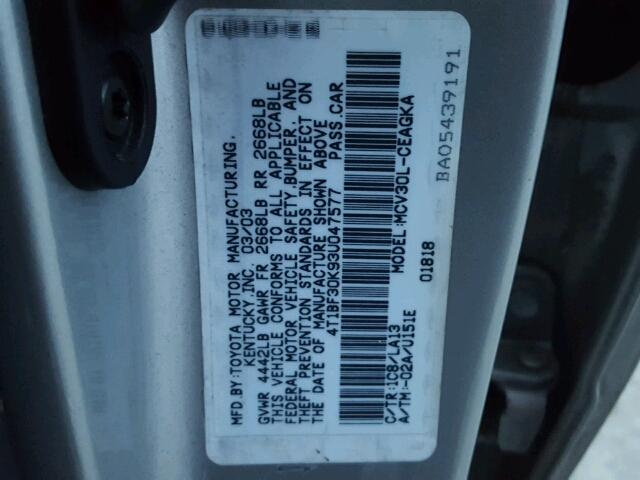 4T1BF30K93U047577 - 2003 TOYOTA CAMRY LE 银色 照片 10