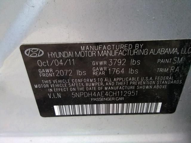 5NPDH4AE4CH112951 - 2012 HYUNDAI ELANTRA GL SILVER photo 10