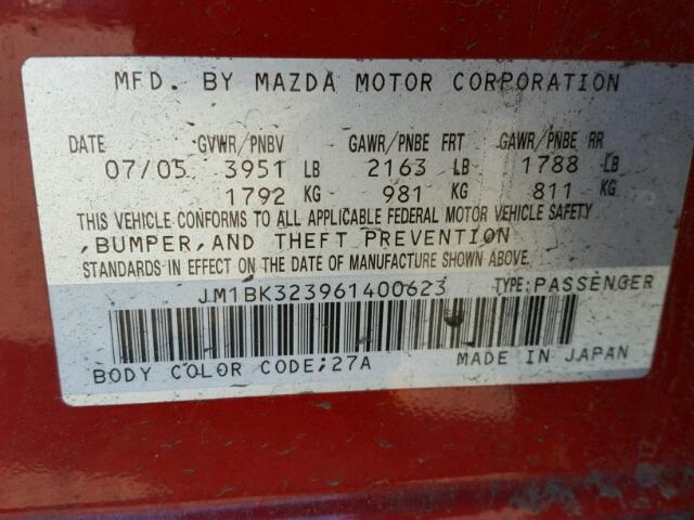 JM1BK323961400623 - 2006 MAZDA 3 S RED photo 10