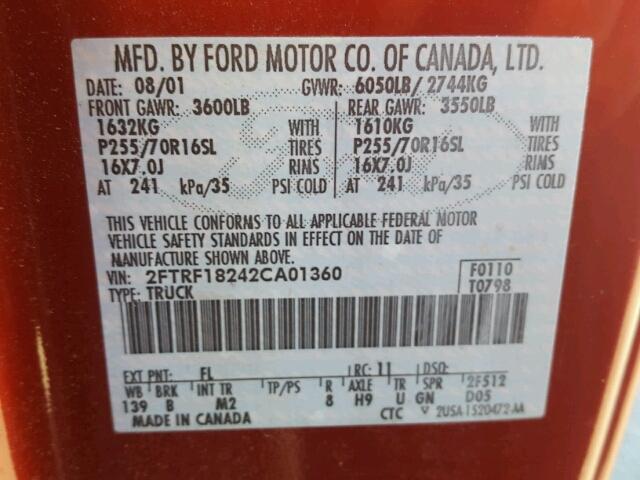 2FTRF18242CA01360 - 2002 FORD F150 RED photo 10