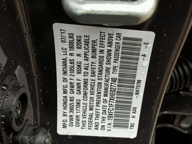 19XFC1F7XHE027740 - 2017 HONDA CIVIC EXL 灰色 照片 10