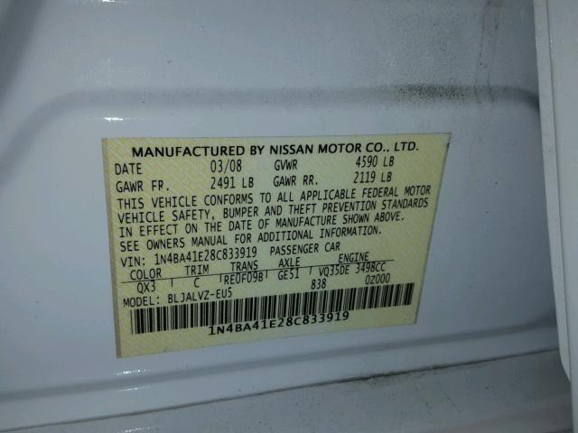 1N4BA41E28C833919 - 2008 NISSAN MAXIMA SE WHITE photo 10