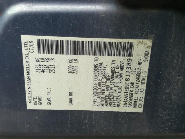 1N4AA51E09C812389 - 2009 NISSAN MAXIMA S GRAY photo 10