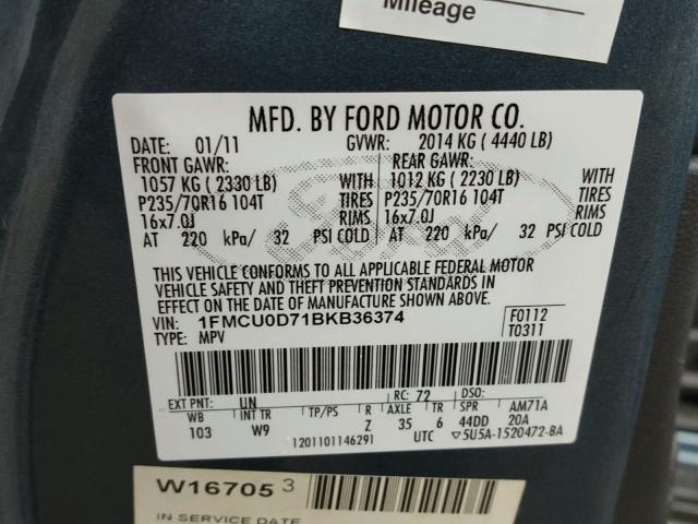 1FMCU0D71BKB36374 - 2011 FORD ESCAPE XLT BLUE photo 10