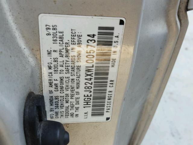 1HGEJ824XWL005734 - 1998 HONDA CIVIC EX ვერცხლისფერი ფოტო 10