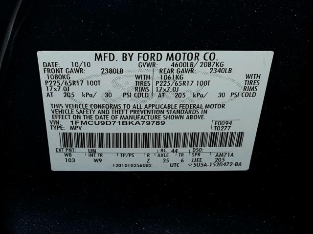 1FMCU9D71BKA79789 - 2011 FORD ESCAPE XLT BLUE photo 10