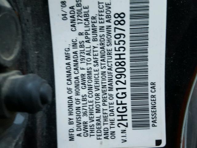 2HGFG12908H559788 - 2008 HONDA CIVIC EXL BLACK photo 10