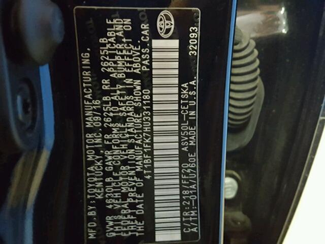 4T1BF1FK7HU331180 - 2017 TOYOTA CAMRY LE შავი ფოტო 10