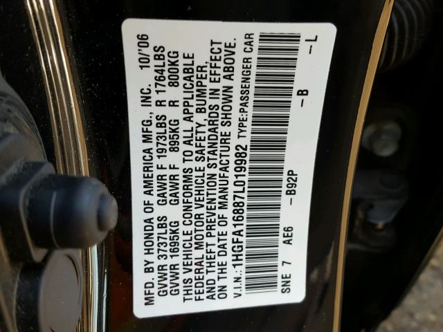 1HGFA16887L019982 - 2007 HONDA CIVIC EX თეთრი ფოტო 10