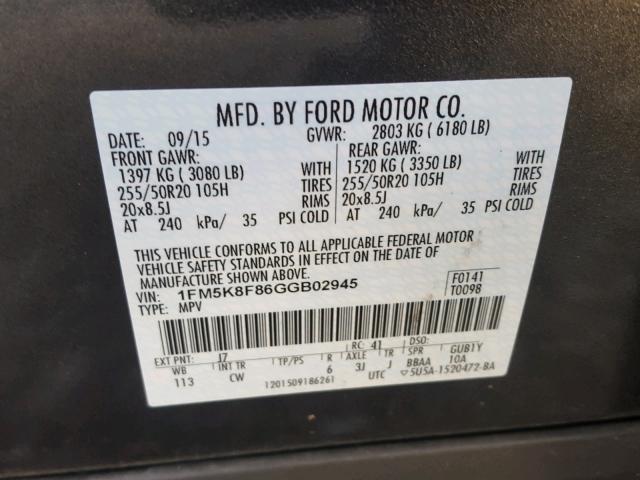 1FM5K8F86GGB02945 - 2016 FORD EXPLORER L 灰色 照片 10