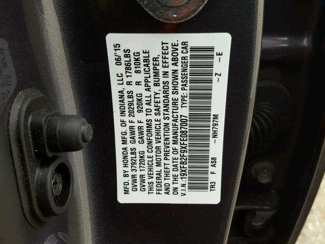 19XFB2F9XFE087007 - 2015 HONDA CIVIC EXL GRAY photo 10