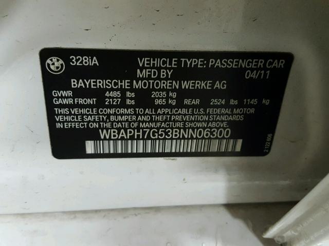 WBAPH7G53BNN06300 - 2011 BMW 328 I WHITE photo 10